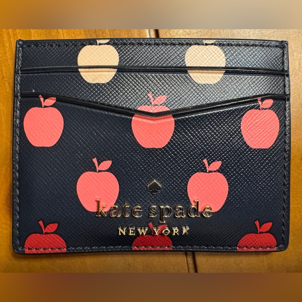 NWT Kate Spade Navy Leather Card Holder with Apple Design
